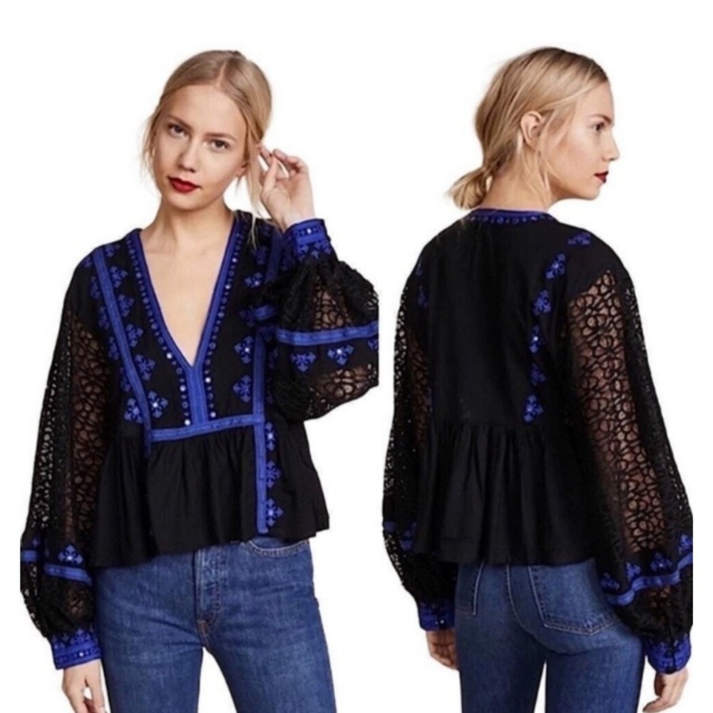 Free People Boogie All Night Peasant Top Black Purple Embroidery Lace Sleeves, M